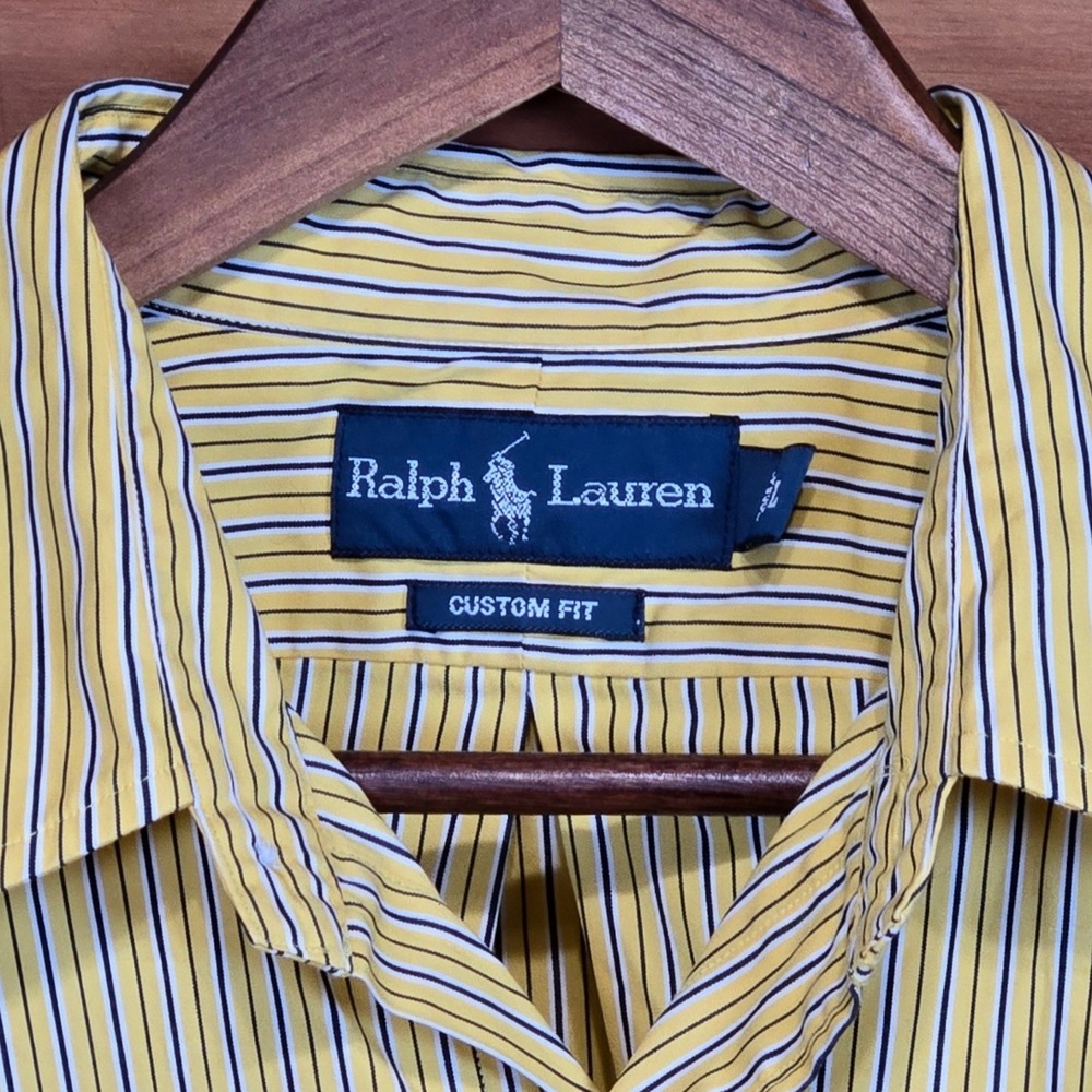 Ralph Lauren Custom Fit Yellow Blue‎ Stripe Button Down Shirt Mens Large